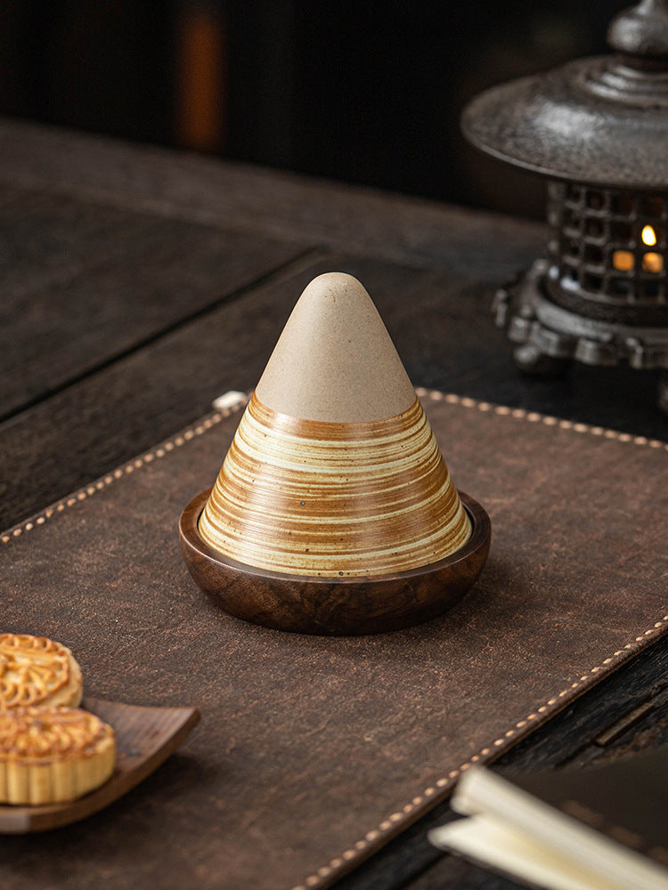 Handmade Cone Ceramic Mug with Wooden Saucer – Retro Stoneware Cup for