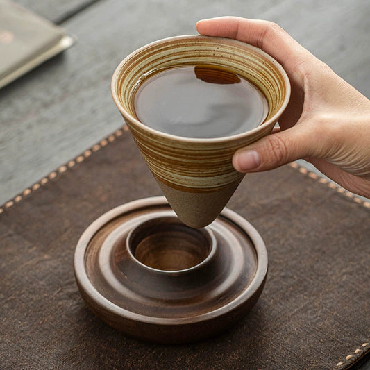 Handmade Cone Ceramic Mug with Wooden Saucer – Retro Stoneware Cup for