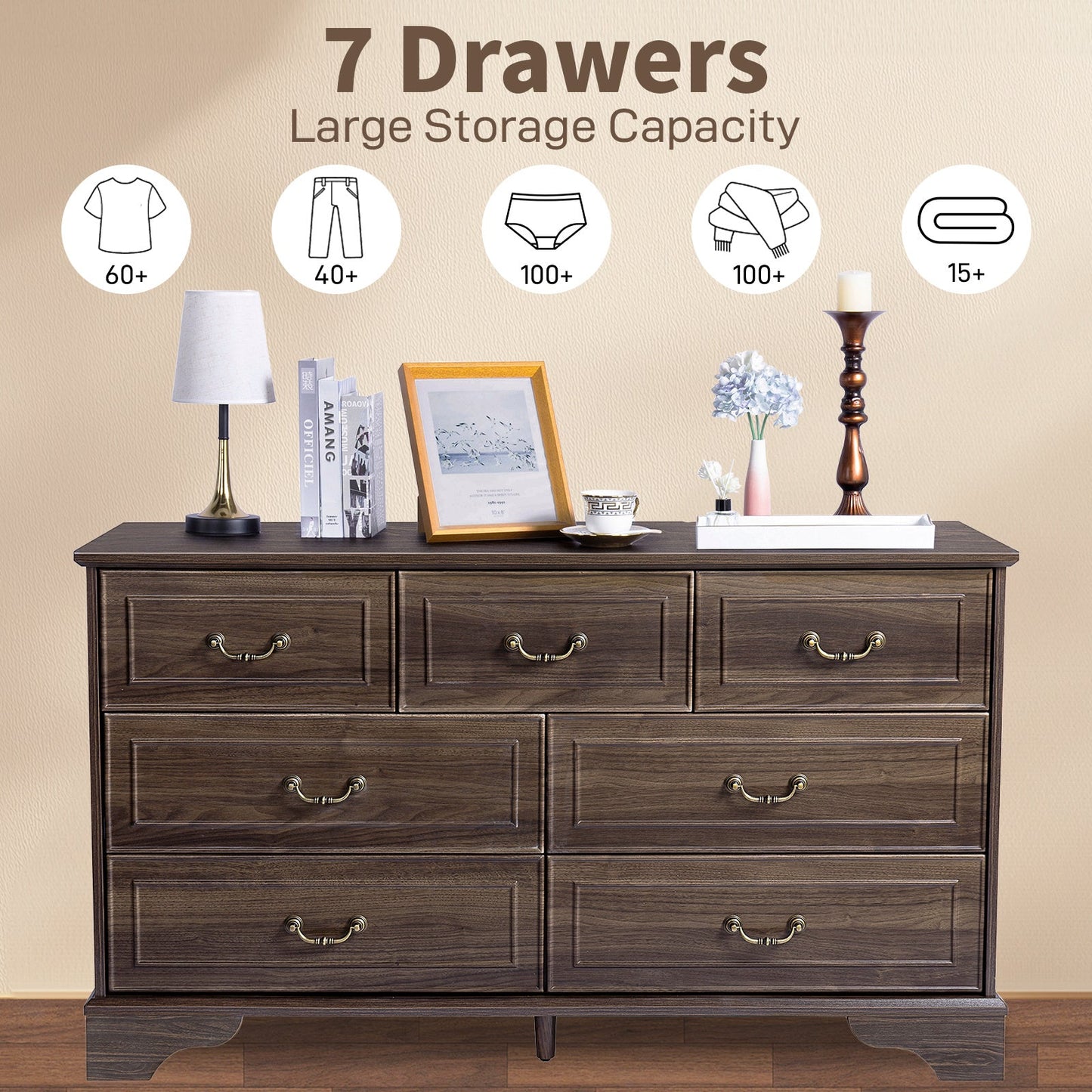Lunelux™ – 7-Drawer Chest of Drawers (P2 MDF, Walnut Finish)