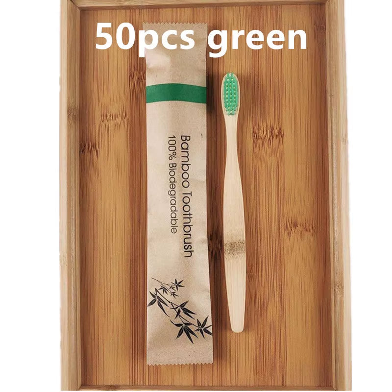 50 / 100 Pcs Customized Laser Engraving Logo Bamboo Toothbrushes Portable Eco Friendly Wooden Tooth Brush for Adults Children