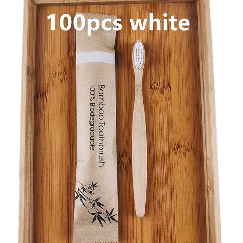50 / 100 Pcs Customized Laser Engraving Logo Bamboo Toothbrushes Portable Eco Friendly Wooden Tooth Brush for Adults Children