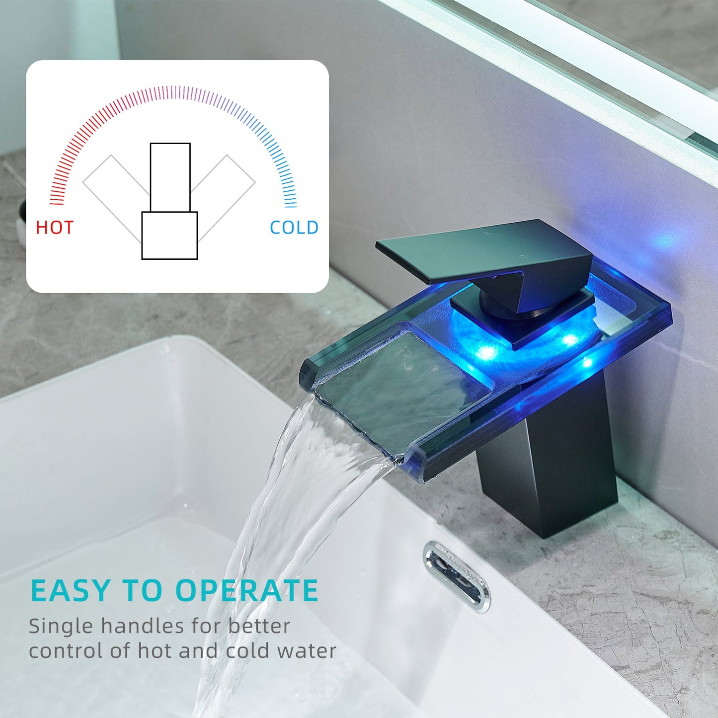 Bathroom Sink Faucet LED Light 3 Colors Changing Waterfall Glass Spout